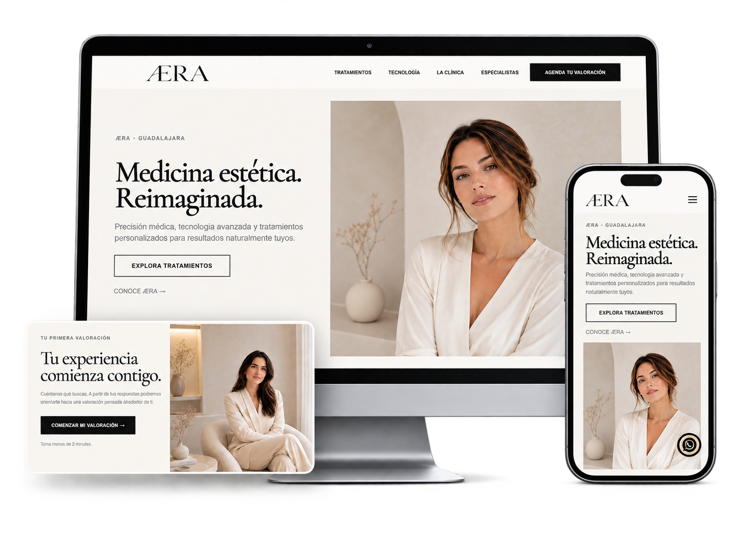 Proyecto conceptual ÆRA mostrado en escritorio, móvil y experiencia de valoración