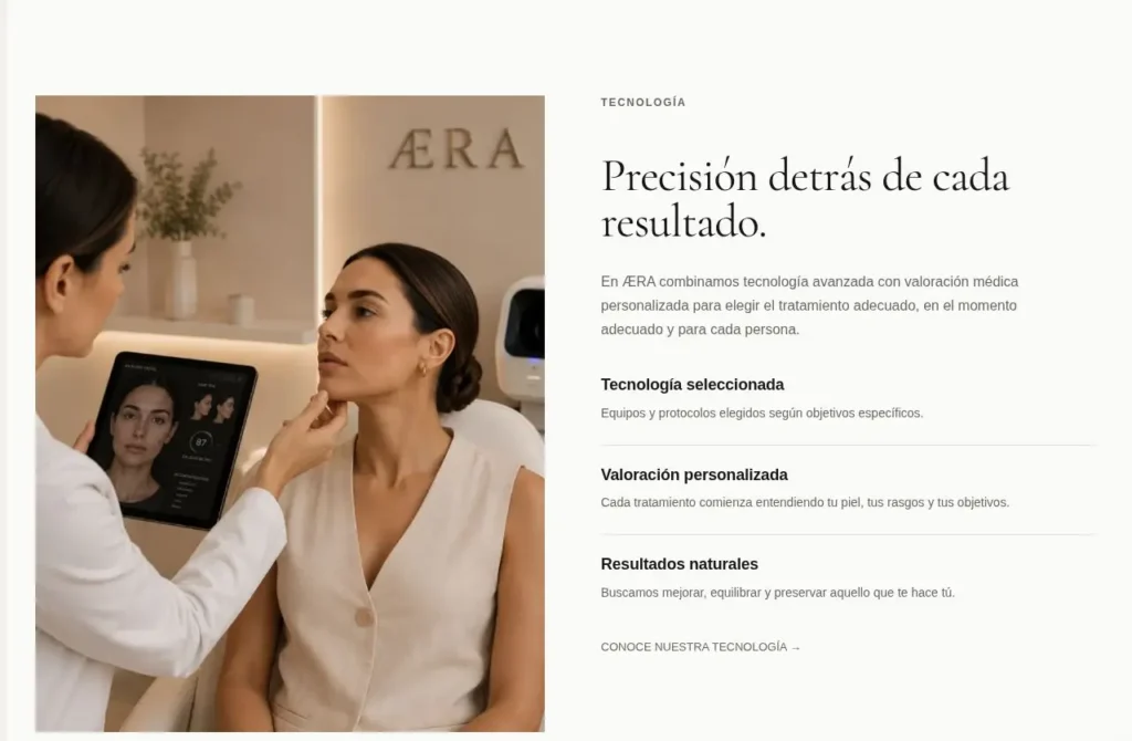 Sección de tecnología y valoración personalizada del sitio de ÆRA